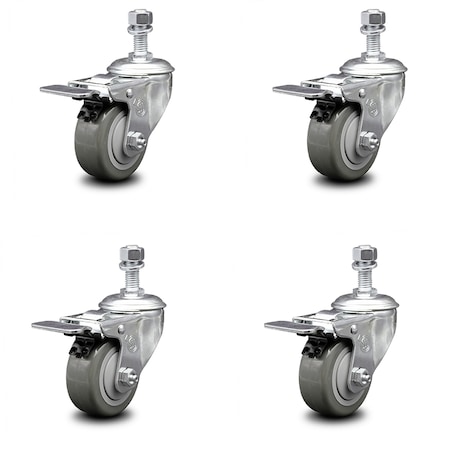 Service Caster 3.5 Inch Gray Polyurethane Swivel 12mm Stem Caster Set with Total Lock Brake SCC-TSTTL20S3514-PPUB-M1215-4